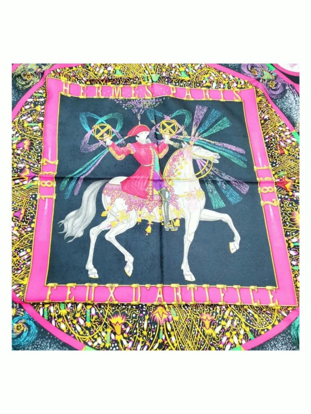 Authentic Hermès Silk Scarf Black Multicolor Equestrian Print - Picture 3 of 10